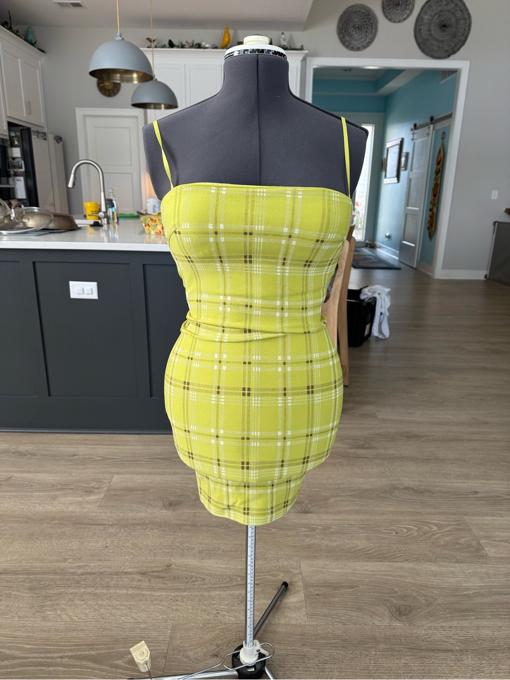 I.AM.GIA Lime Plaid Spaghetti-Strap Bodycon Dress